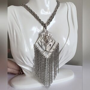 Vintage RARE SHERMAN Silver Huge Tassel Pendant Chain Link Tribal Necklace